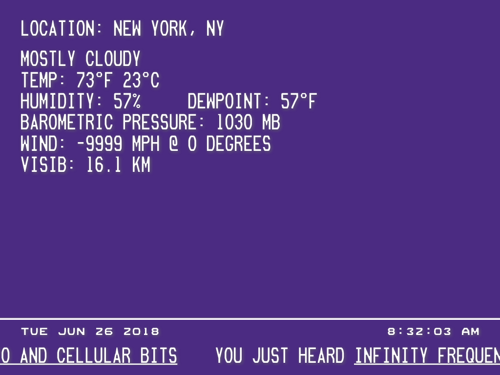 screenshot of the late website currentcondition.org, showing a purple background with uppercase monospace font that looks like an old weather channel, as it gives the current weather and environmental statistics