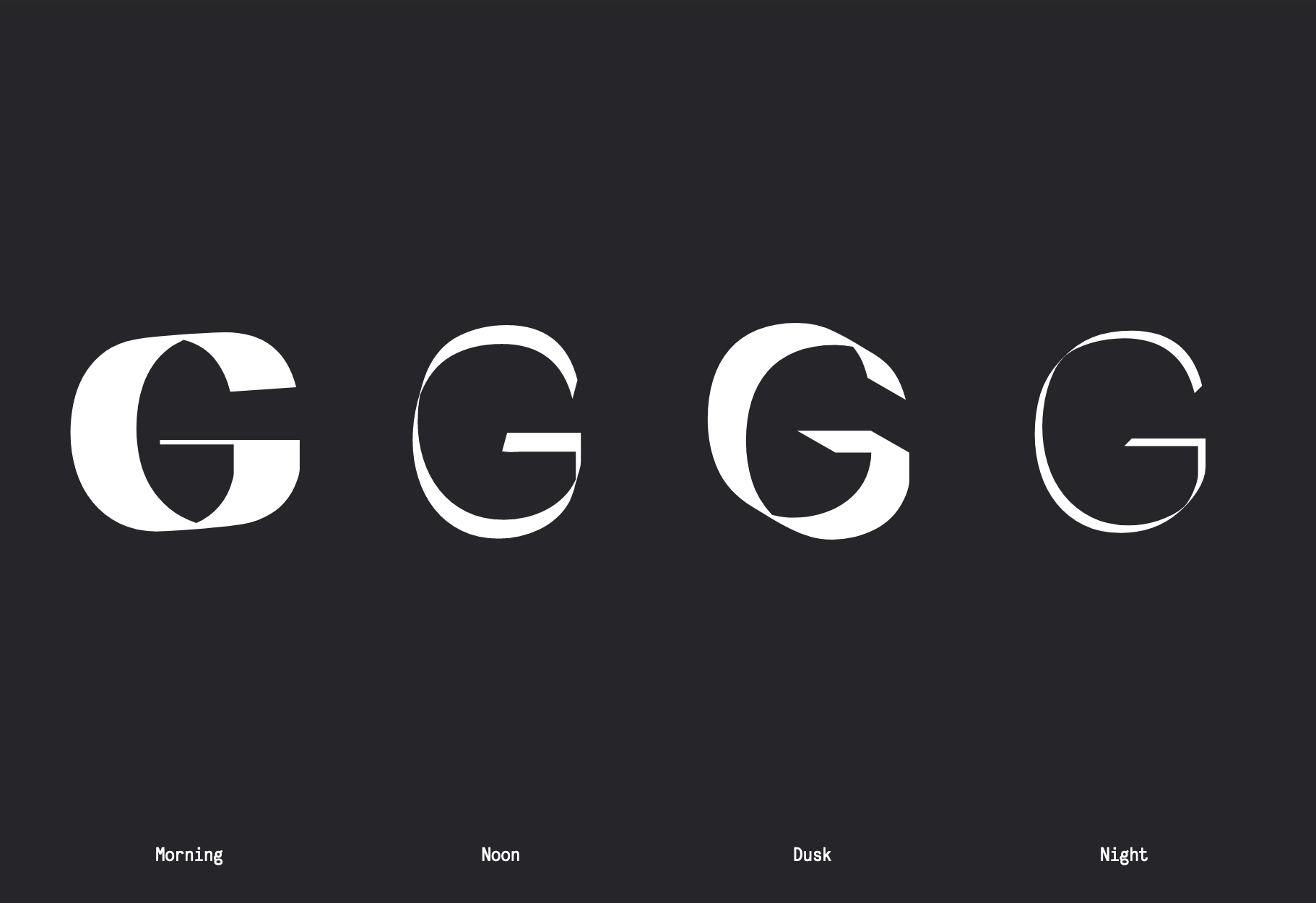 the uppercase letter G appears three times in different weights and slants depending on the time of day. this is the graphic identity for architecture program at Colubmia University — GSAPP