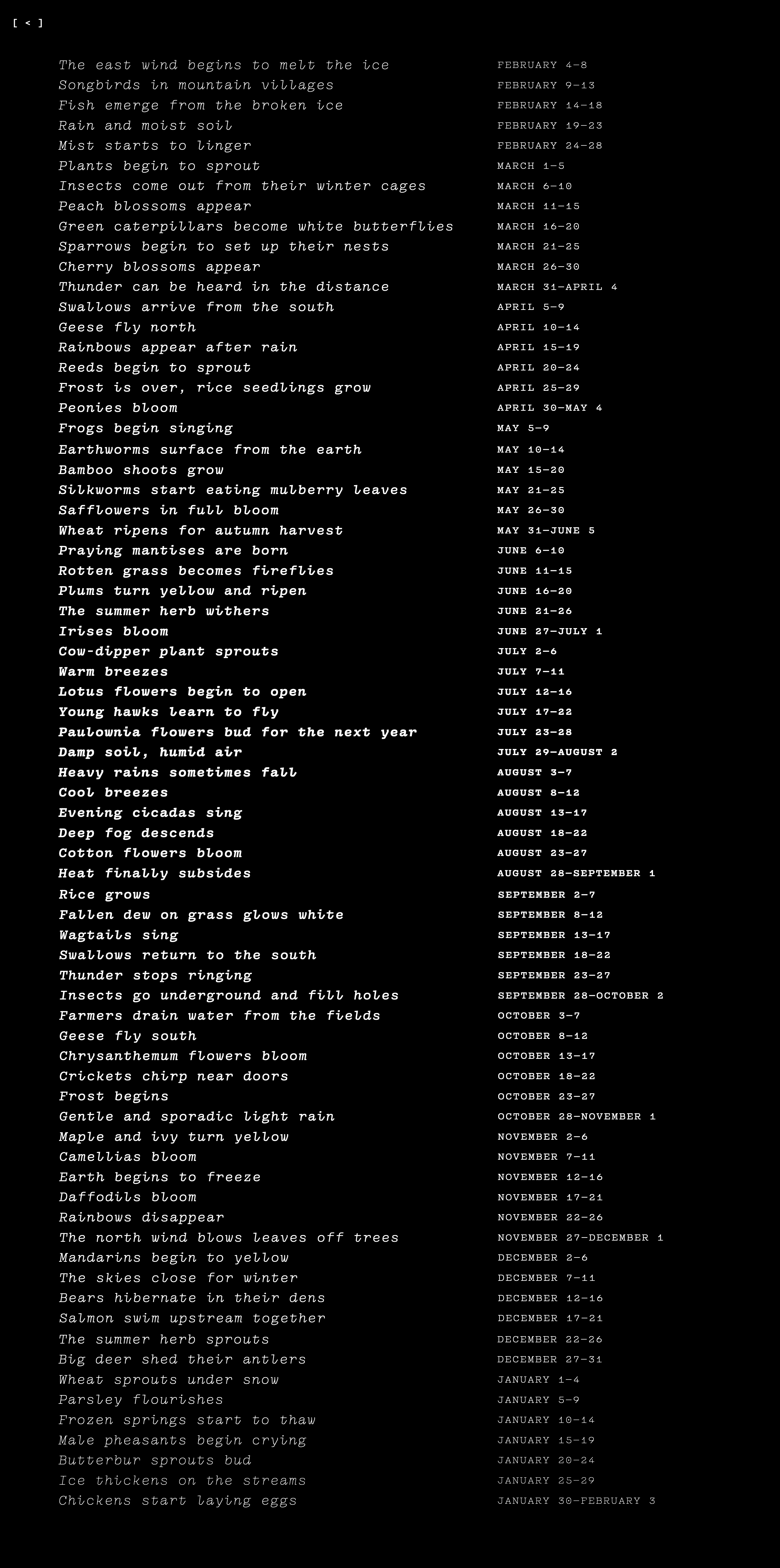 a long list of all the microseasons displayed in the changing font called 'pentameter.' white text on black background displays haiku-like seasonal statements that go from thin weight to thick weight and back again, appearing like a cyclical wheel when seen at a small scale