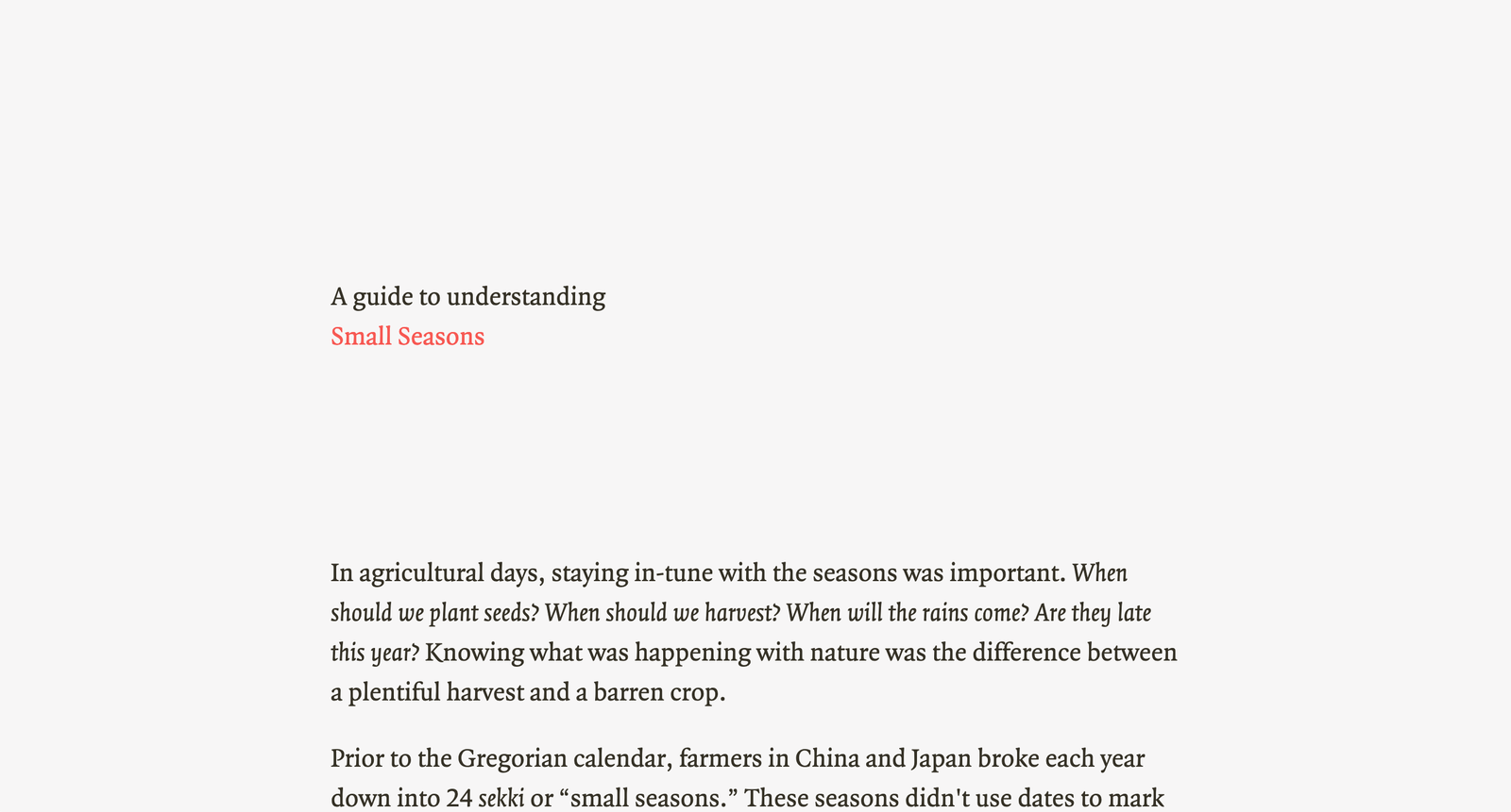 a screenshot of the website smallseasons.guide, showing textual intro