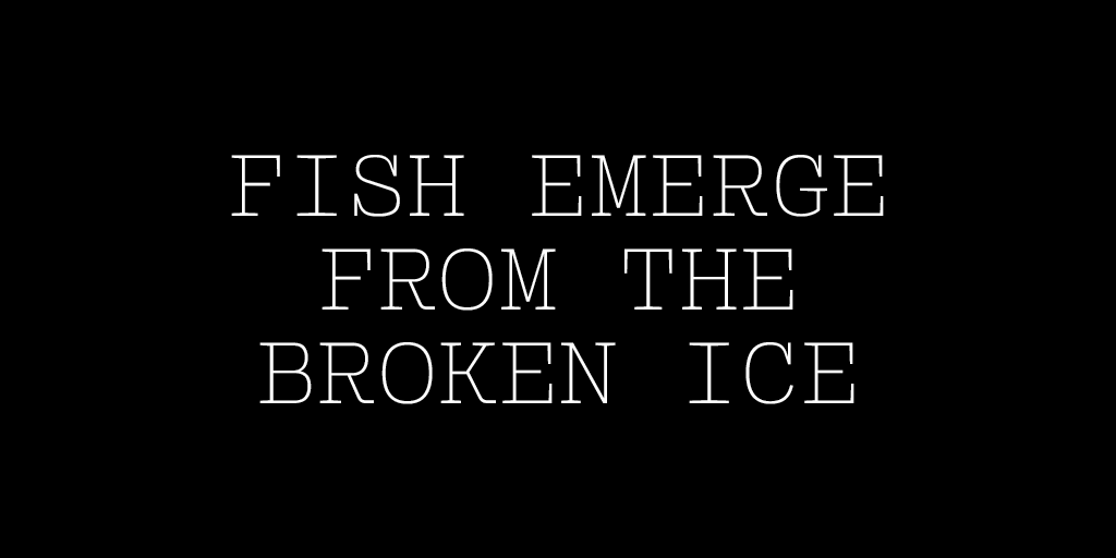 'Fish emerge from the broken ice' in thin white text on black background, like a monolithic aphorism